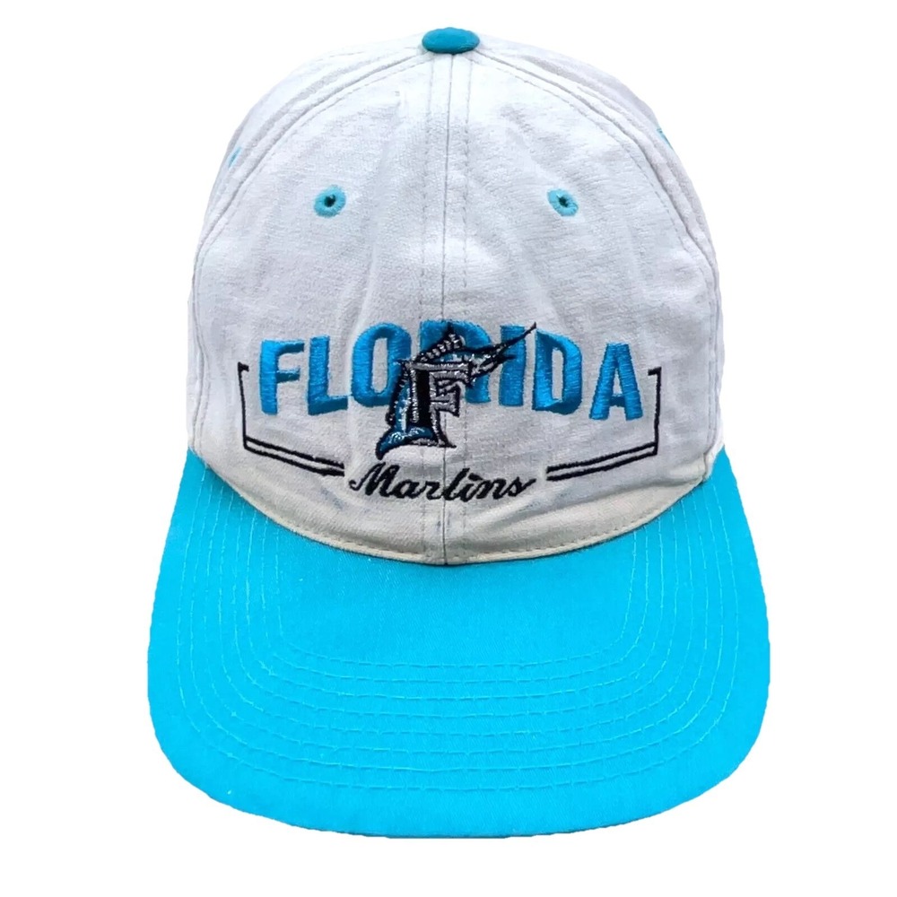 Vintage‎ Florida Marlins Hat Cap Snap Back White Blue Y2K 90s MLB Grunge Faded